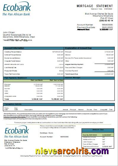 Chad Ecobank bank mortgage statement